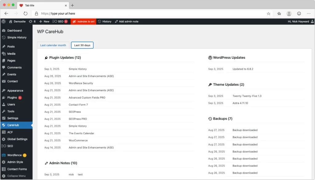 WP carehub dashboard