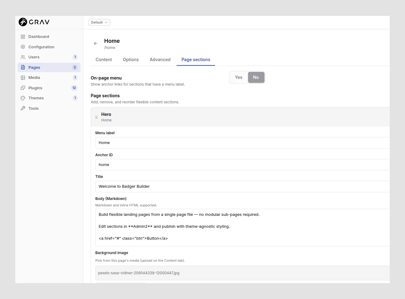 badger builder for Grav CMS v2 page builder admin view